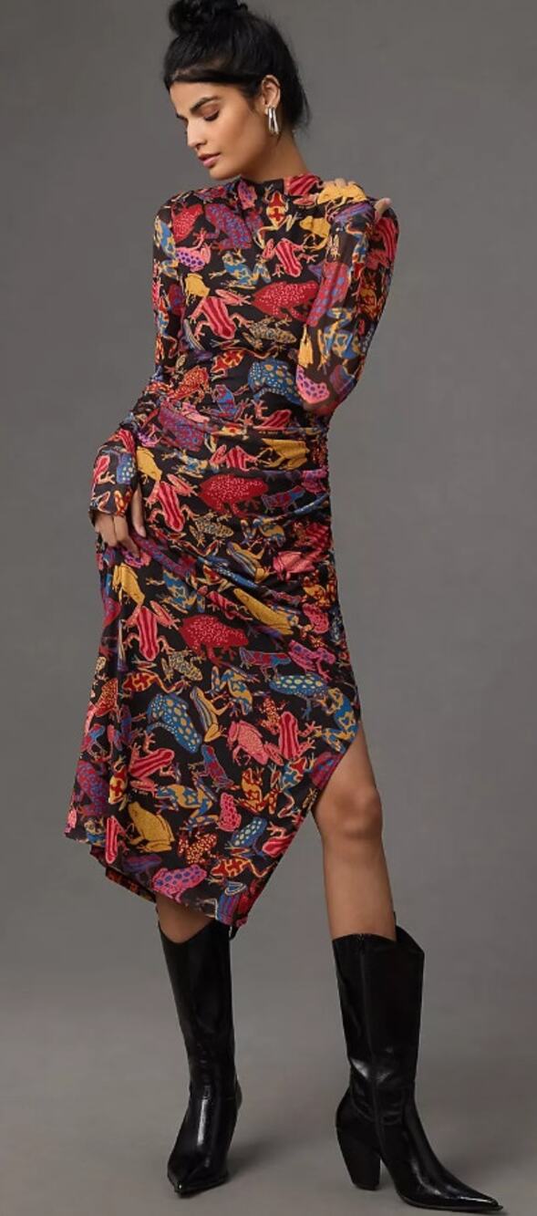 Farm Rio x Anthropologie Long Sleeve Mesh Frog Print Midi Dress Medium Colorful